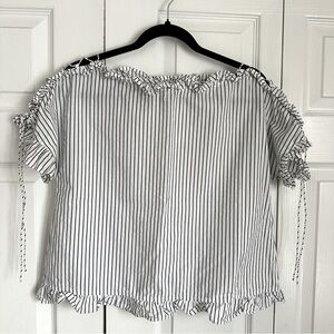 Madewell Womens Ruffled Lace-Up Sleeve Striped Top Sz S Cotton Preppy Boxy Boho